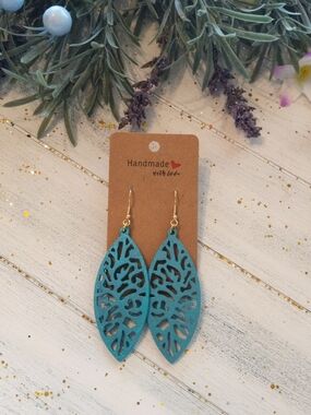 Teal Filigree Leaf Wooden Earrings -
